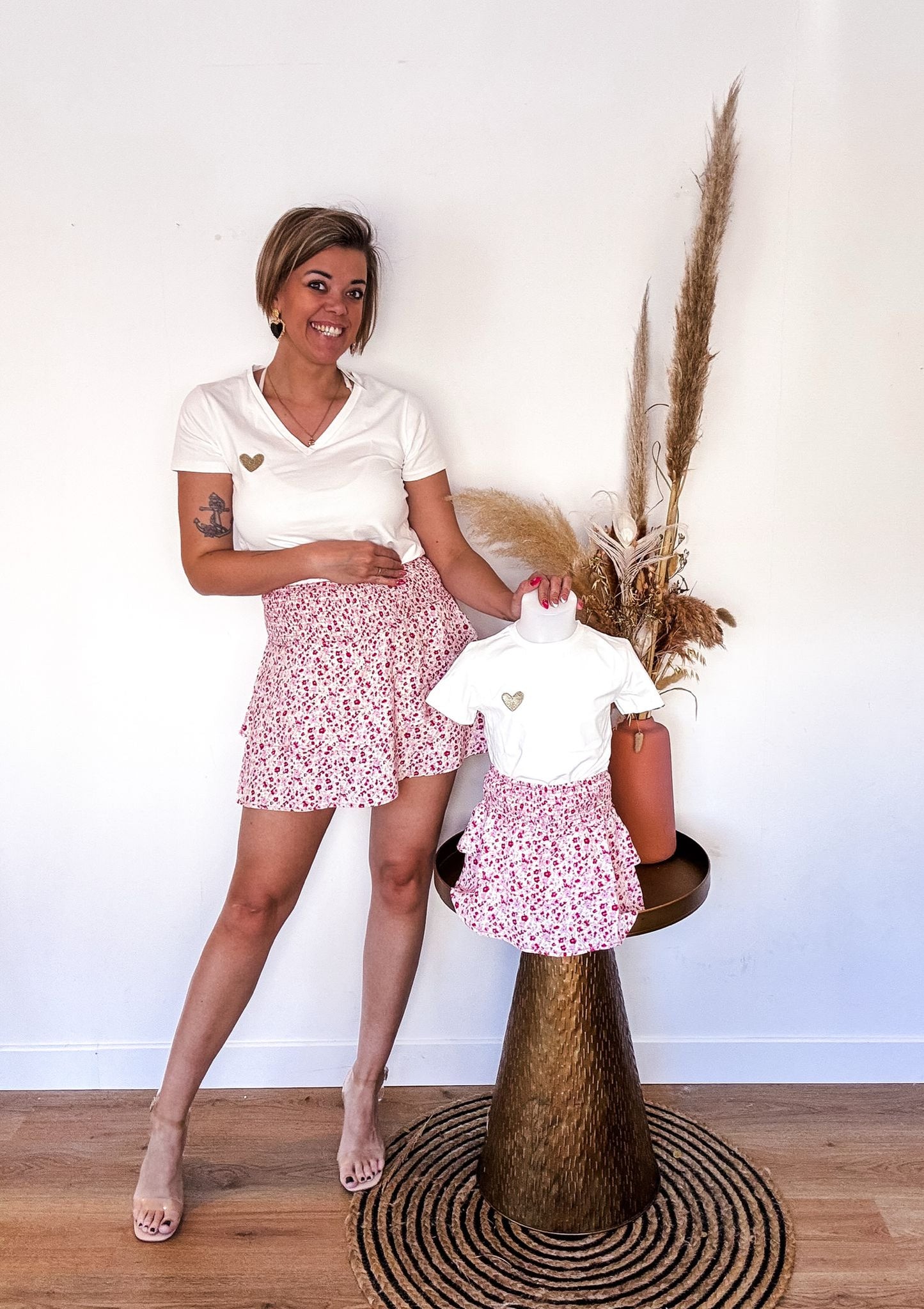 Mini me Rok/short met bloemenprint roze